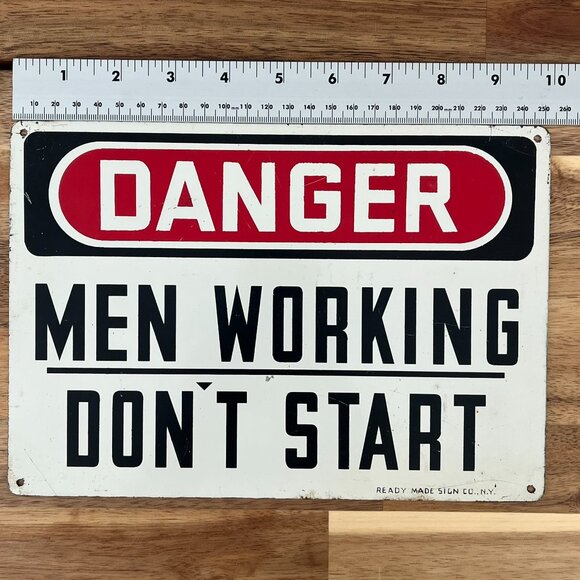 Vtg Industrial Work Advertising Tin Metal Sign Danger Men Working Ready Made - Picture 5 of 6